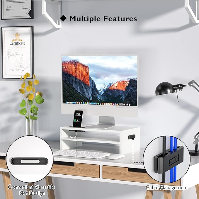 BONTEC Monitor Stand Riser White, 2 Tiers Wood Monitor Riser Stand with Storage Organizer, Desktop Ergonomic Monitor Stand Riser with Cellphone Holder and Cable Management, 16.5 Inch Desk Shelf