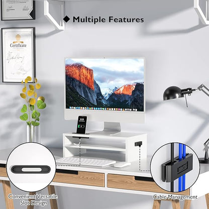 BONTEC Monitor Stand Riser White, 2 Tiers Wood Monitor Riser Stand with Storage Organizer, Desktop Ergonomic Monitor Stand Riser with Cellphone Holder and Cable Management, 16.5 Inch Desk Shelf