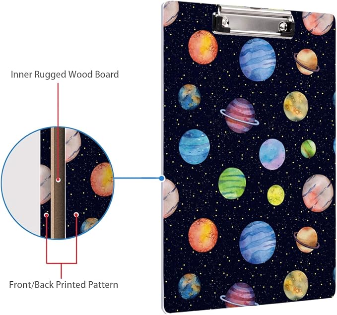 WAVEYU Cute Hardboard Clipboard for Kids Boys, Clipboard with Low Profile Clip for Students Classroom School and Office Use 12.5"x 9", Planet Pattern