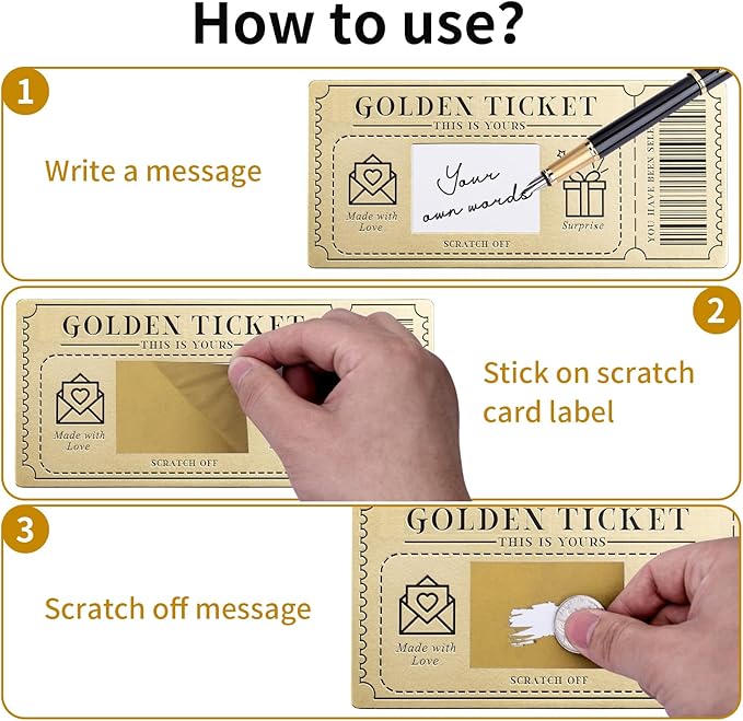 1 Piece Golden Ticket Scratch-off Card with Envelope, Scratch & Reveal Surprise Ticket for Writing Your Own Special for Birthday, Gifts for Girlfriends, Wives, Valentine's Day Card, Christmas Gift Card