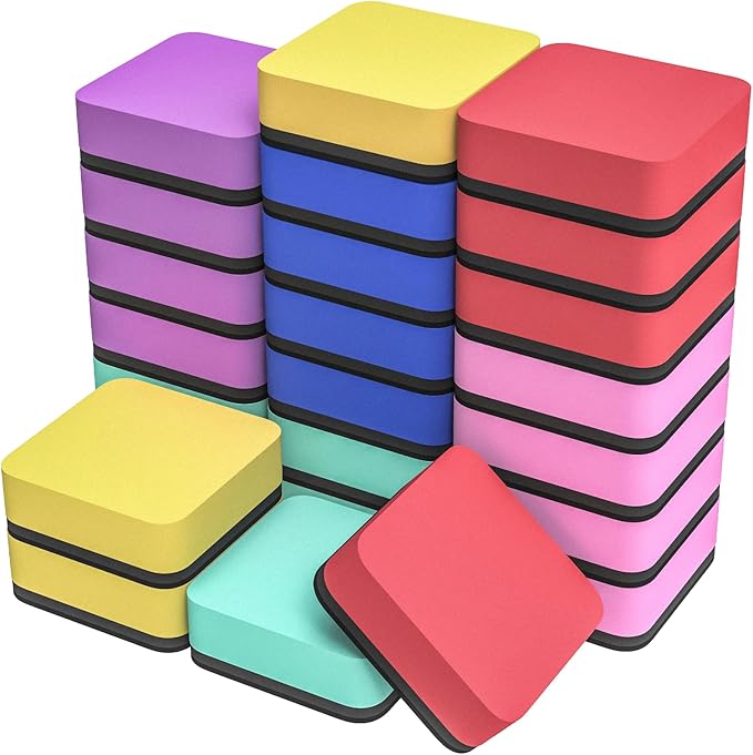 MaxGear 24 Pack Dry Erase Erasers, Magnetic Whiteboard Dry Erasers for Classroom, Mini Whiteboard Cleaning Pads, Chalkboard Wiper Teacher Supplies for School, Office, Home （6 Color Set, 2 x 2 Inch