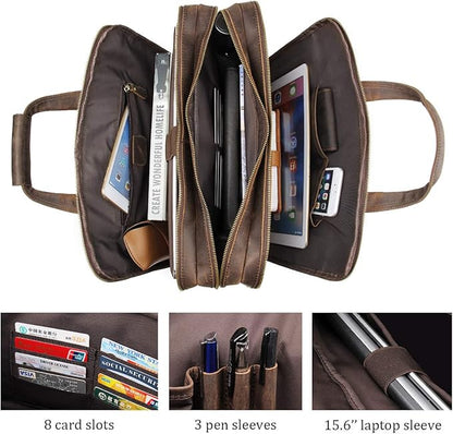 Augus Leather Briefcase for Men Business Travel Messenger Bags 15.6 Inch Laptop Bag YKK Metal Zipper, Brown