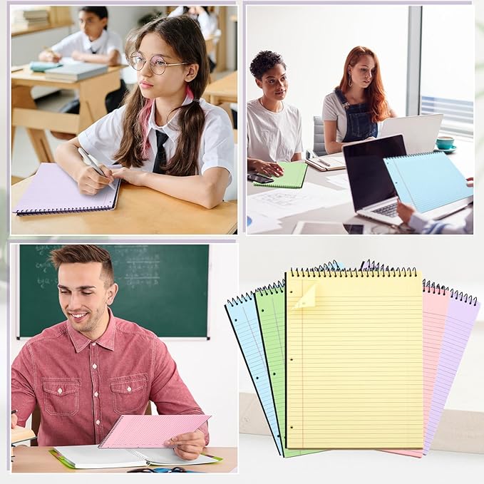 10 Pcs Legal Pads 3 Hole Punched Top Bound Spiral Notebook Tear Line for Easy Removal 8.5 x 11 in Hard Cardboard Paper College Ruled Notepad Spiral Note Pad for Office School (Multicolor)
