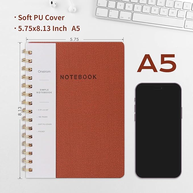 Spiral Notebook-6.10" x 8.19" Journal with Back Pockets and 192 Lined Pages,PU Leather Cover Business Journal, Twin-Wire Binding Notebook Perfect for Office & Home School Supplies