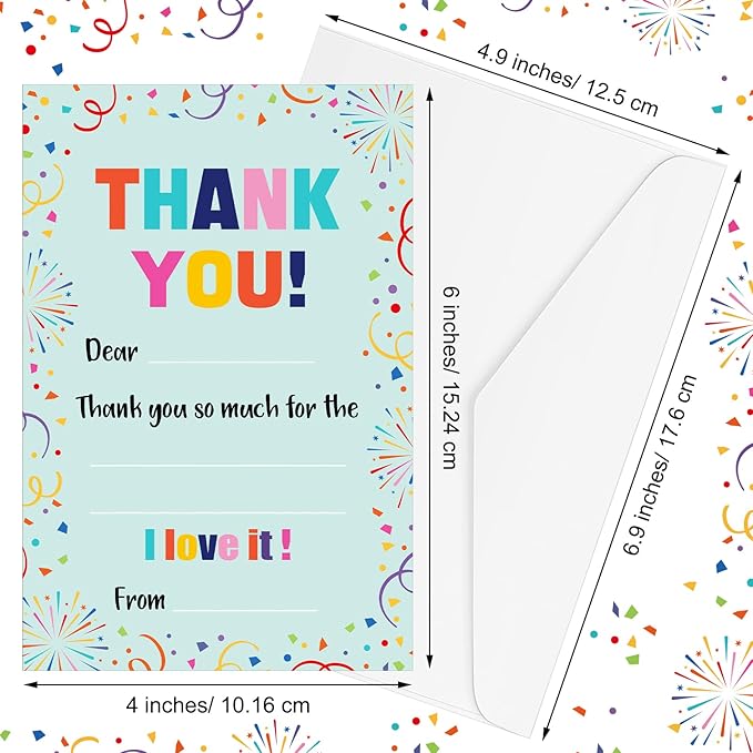72 Pieces Kids Thank You Cards Fill in the Blank Thank You Notes with Envelopes Colorful Thanks Cards for Birthday Party(Confetti Style)