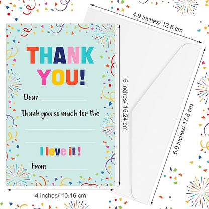 72 Pieces Kids Thank You Cards Fill in the Blank Thank You Notes with Envelopes Colorful Thanks Cards for Birthday Party(Confetti Style)