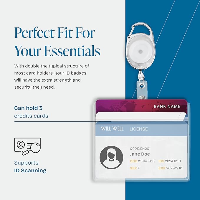 Will Well ID Badge Holders with Clip and Keyring - Horizontal Clear Plastic 3.7" x 2.5" Sleeves Fit Up to 3 Cards - Retractable 24" UHMWPE Fiber Pull Cords - 2-Pack, Transparent White Reels