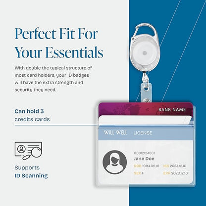 Will Well ID Badge Holders with Clip and Keyring - Horizontal Clear Plastic 3.7" x 2.5" Sleeves Fit Up to 3 Cards - Retractable 24" UHMWPE Fiber Pull Cords - 2-Pack, Transparent White Reels