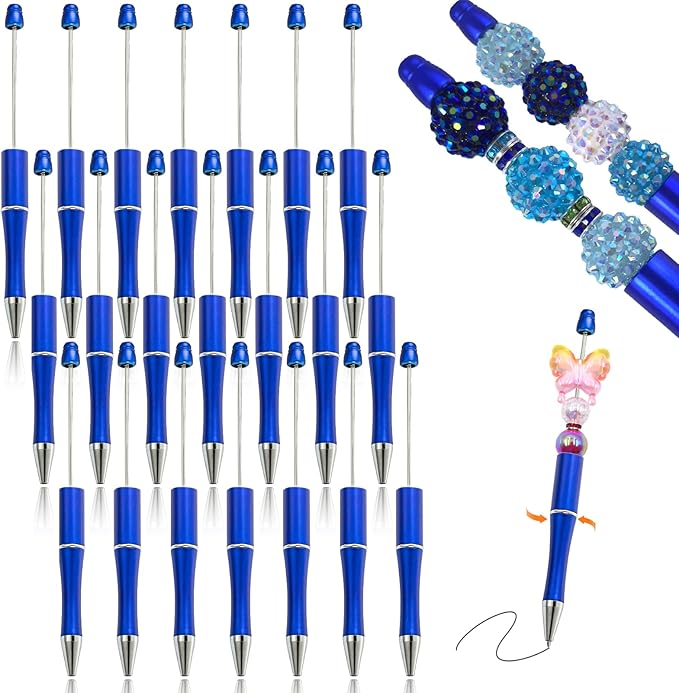 15 Pieces Beadable Pens - Beaded Pens Plastic Diy Black Ink Ballpoint Pens Bulk - Bead Pens Suitable For Teacher, Students, Office, School, Graduation Gift Supplies（Blue）