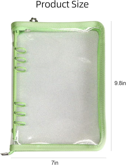Multibey A5 Binder Cover Clear Soft PVC 6-Ring Binder Budget Evelopes System with Zipper Planner Organizer Refillable Notebook Journal Binder (Grass Green, A5)