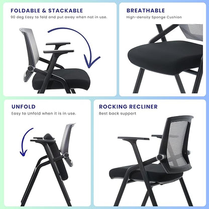 2 Pack Stackable Conference Room Chairs with Paddle Folding Office Chair Foldable Desk Chair Mesh Back and Arms for Conference Meeting Guest Reception Home Office Training Room Chair