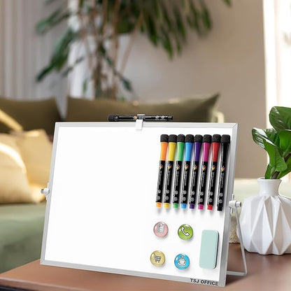 TSJ OFFICE Dry Erase White-Board - 16 X 12 Inches Double Sided Small Magnetic Whiteboard with Hooks for Wall, Portable Mini Desktop Whiteboard 360 Degrees Revolving Stand for Office, Home, School