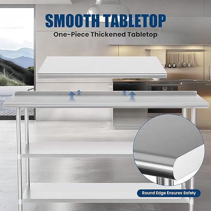 Stainless Steel Table 24 x 60 Inches Metal Work Table with 2 Adjustable Undershelves & Backsplash for Commercial Kitchen, Outdoor, Restaurant, Hotel & Garage