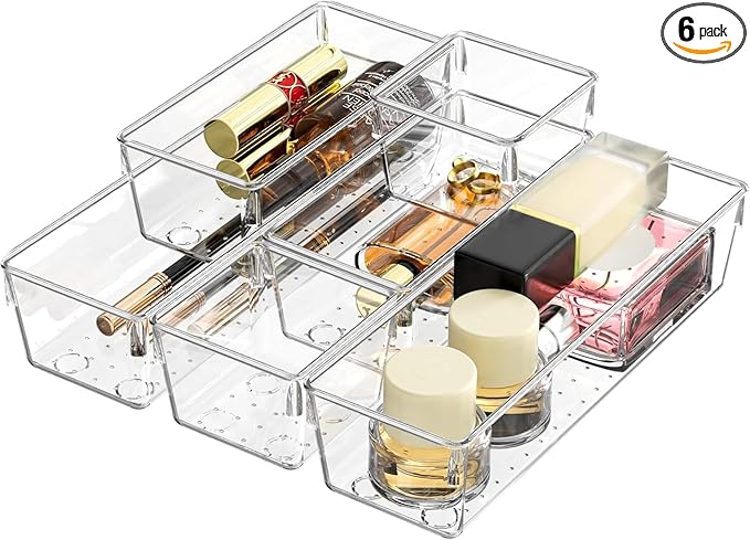 Drawer Organizer, Makeup Organizer, Desk Drawer Organizer, Acrylic Storage Bins for Makeup, Skincare, Jewelry, Office Supplies Used in Vanity, Kitchen, Bedroom, Bathroom, Office - 6pcs