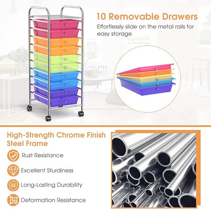 Storage Cart, Rolling Utility Cart with 10 Drawers, Portable Handles & Lockable Wheels, Mobile Paper Toys Storage Organizer Large Capacity for Home Office School Teacher (Rainbow)