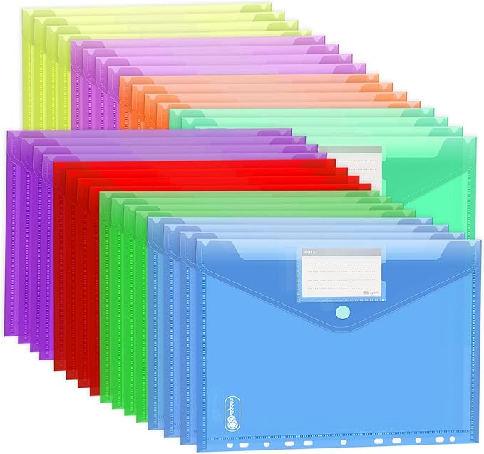 A4 Binder Pockets,32 Pack File Envelopes for 2/3/4 Ring Binder,8 Colors Binder Folders with Hook and Loop Closure and Label,Plastic Envelopes Binder Folders with 11 Holes for School Office Home