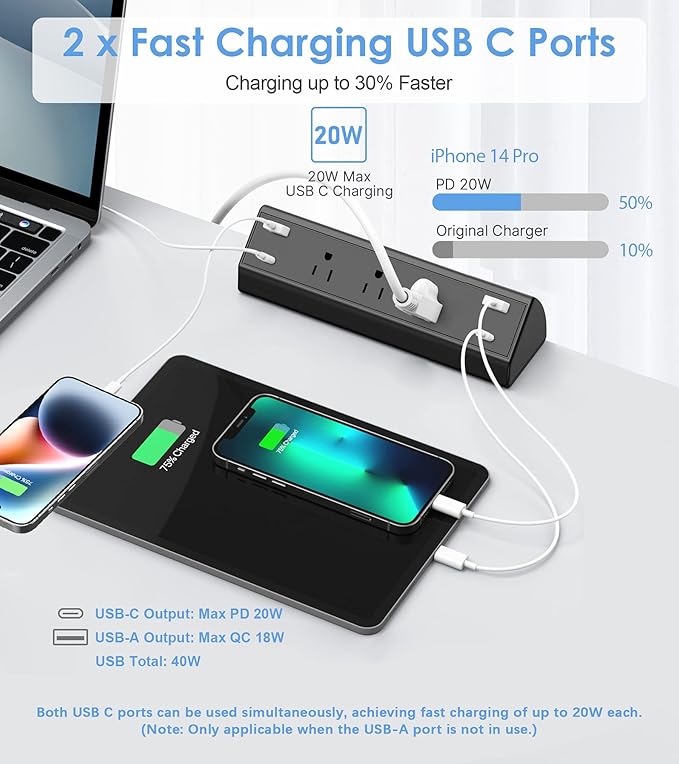 Desk Clamp Power Strip USB C,Desktop Mount Surge Protector,40W Fast Charging Station,2 PD 20W USB C Ports,3 Outlets,6FT Flat Plug,Desk Edge Power Strip for Home,Office,Fit 1.96" Tabletop Edge