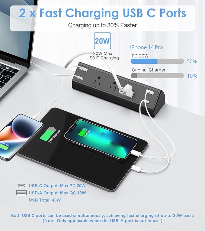 Desk Clamp Power Strip USB C,Desktop Mount Surge Protector,40W Fast Charging Station,2 PD 20W USB C Ports,3 Outlets,6FT Flat Plug,Desk Edge Power Strip for Home,Office,Fit 1.96" Tabletop Edge