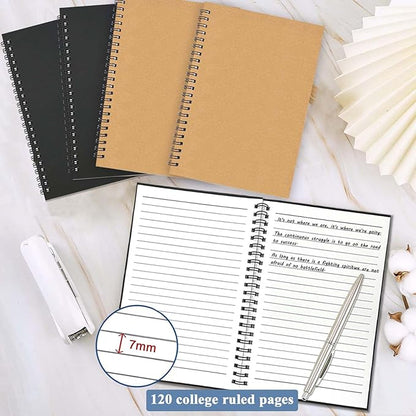 GINMLYDA 4Pack Small Spiral Notebook A5, 8.25x5.5” 120 Lined Pages Wide Ruled Spiral Journal Bulk Blank Kraft Cover Spiral Bound Notebook & Writing Pads for Home Office Meeting Work Note Taking