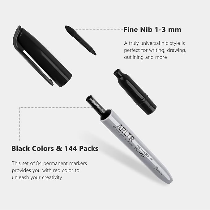 Permanent Markers Bulk with Fine Tip, Bulk Pack of 144 with Black, Works on Plastic,Wood,Stone,Metal and Glass for Doodling, Coloring as Office, School Supplies