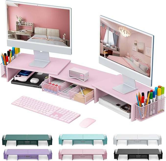 gianotter Dual Monitor Stand Riser, Desk Organizer With Drawer and 2 Pen Holders,Desk Organizers and Accessories, Pink Office Supplies (Pink)