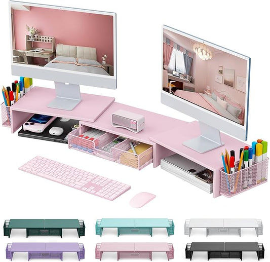 gianotter Dual Monitor Stand Riser, Desk Organizer With Drawer and 2 Pen Holders,Desk Organizers and Accessories, Pink Office Supplies (Pink)