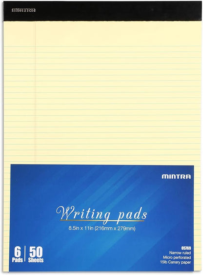 Mintra Office Legal Pads - ((BASIC CANARY 6pk, 8.5in x 11in, NARROW RULED)) - 50 Sheets per Notepad, Micro perforated, Yellow Writing Pad, Notebook Paper for School, College, Office, Business