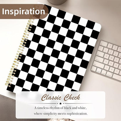 Cute Spiral Notebook journal A4 Aesthetic Pretty Design for Women Girls Kawaii with Pocket, 8.5 x 11 inch, Lined, Black Plaid