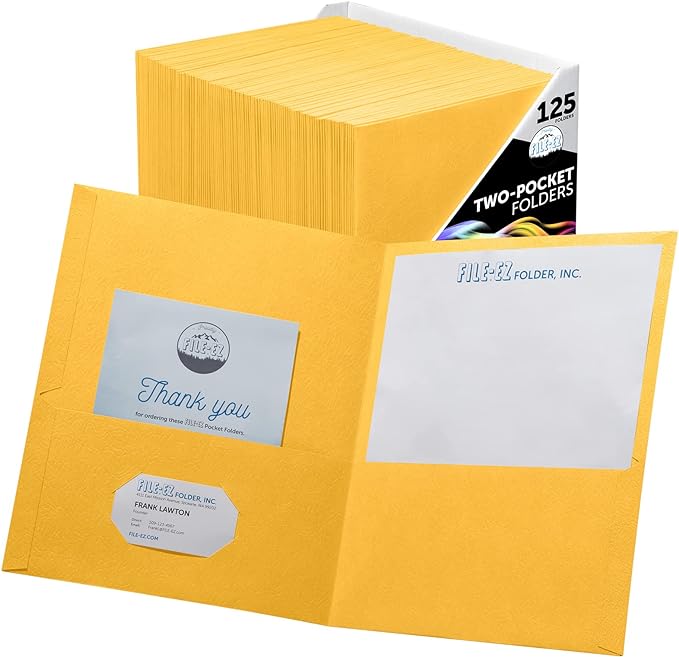 FILE-EZ Two-Pocket Folders, Yellow, 125-Pack, Textured Paper, Letter Size (EZ-32470)