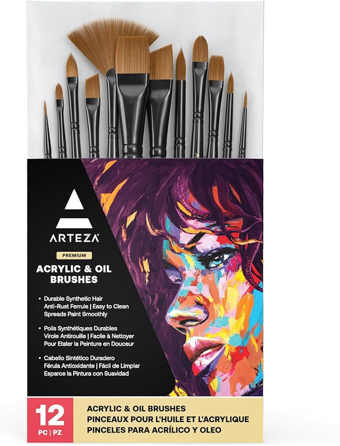 ARTEZA Paint Brushes, Set of 12, Premium Synthetic Brushes with Brass Ferrules & Wooden Handles