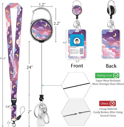Giancomics Lanyards for Id Badges, Colorful Clouds ID Badge Holder with Retractable Reel, Lanyard with Keychain Clip Name Tag Cute Card Holder for Teacher Women Work Office
