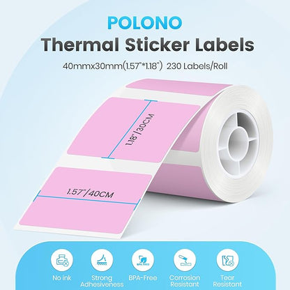 POLONO Genuine Thermal Labels for PM220S Label Makers, 1.57"x1.18" (40x30mm) Thermal Label, Waterproof, Multi-Purpose Self-Adhesive Labels for Small Bussiness, Office, School, 230 Labels/Roll (Pink)