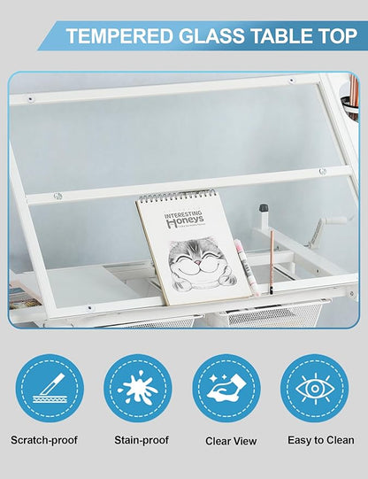Hand Adjustable Height Drafting Table Artist Drawing Table Multifunctional Art Craft Artists Desk Tilting Glass Tabletop Glass Topped Art Desk Work Station With Stool and Chair for Home Office White