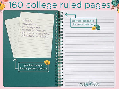 Steel Mill & Co Cute Floral Mini Spiral Notebook, 8.25" x 6.25" Journal with Durable Hardcover and 160 Lined Pages, Garden Blooms (Cream)