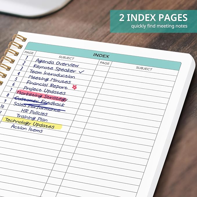 Taja Meeting Notebook for Work Organization - Work notebook with action items, Meeting Minutes Planner Notebook, Perfect Office Supplies for Men & Women - Black