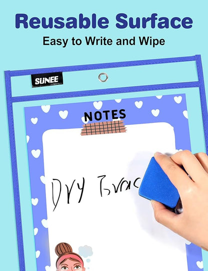 SUNEE 6 Packs Oversized Reusable Dry Erase Pocket Sleeves with Binder Ring, 6 Assorted Colors 10x14 Ticket Holders, Clear Plastic Sheet Protectors, Teacher School Classroom Supplies