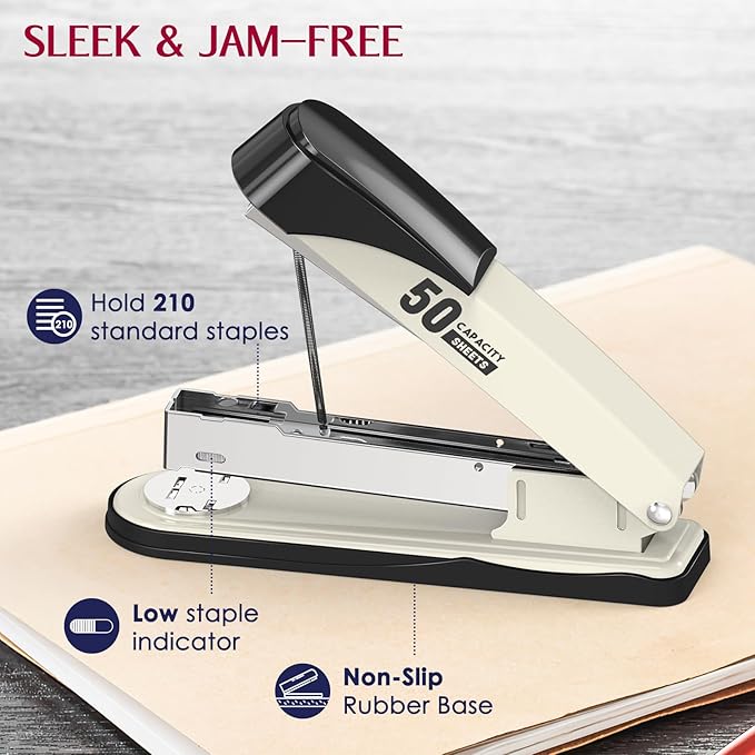 Metal Stapler Heavy Duty 50 Sheet Capacity with 1750 Staples and Staple Remover, White Stapler Full Strip Staplers for Desk, No Jam, Non-Slip Office Stapler with Staples for Office & Classroom, White