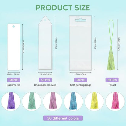 50 Sets Sublimation Blank Bookmarks Double Sided with Colorful Sleeves Tassels,Clear Bookmark and Self-Sealing Bags,Heat Transfer Metal Aluminum DIY Bookmark with Hole