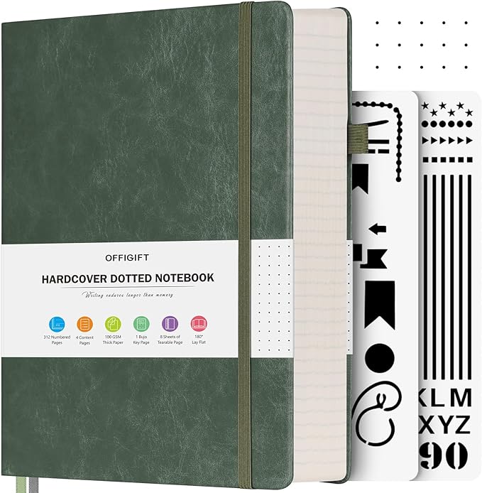 Bullet Dotted Journal Notebook, 312 Numbered Pages A5 Hardcover Leather Journal, 100gsm No Bleed Paper Dot Grid Notebook with Index Pages, Dot Journal for Women Men, 5.75" x 8.38", Green