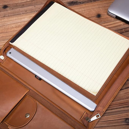 Handmade Crazy-Horse Leather Padfolio Portfolio, Easy to Carry with A Zippered Closure, Business Organizer Tablet Folio Folder with Letter Size Notepad, Gift for Women & Men (Brown, Custom)