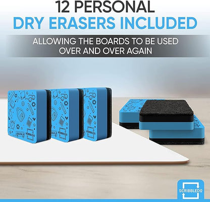 Set of 12 Small White Board Dry Erase Boards Classroom Pack Mini White Boards 9"x12” Double Sided Personal Whiteboards for Students Teachers School Supplies Lapboards l 12 Mini Whiteboard Erasers Incl