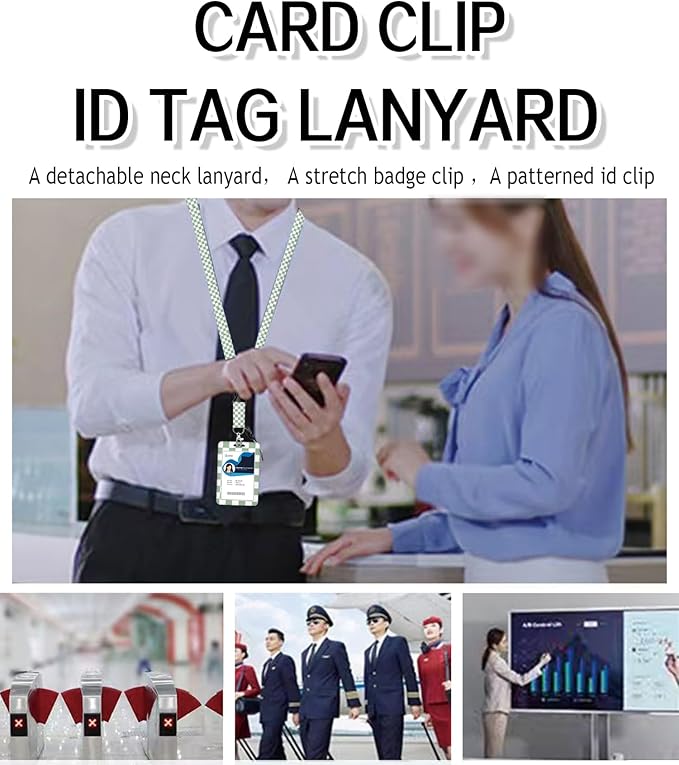 ID Badge Holder with Retractable Lanyard and Keychain, Badge Reel with Rotate Carabiner Clip,Sage Green Checkered Card Name Tag Lanyard ID Protector Bage Clips for Student, Women, Office