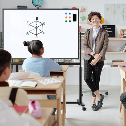 Rolling Whiteboard, 48 x 32 Inches Magnetic White Board with Stand, Double-Sided Large Standing Dry Erase Board on Wheels, Height-Adjustable Mobile Dry Erase Board for Office, Home, Classroom