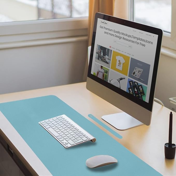 Boutilon Leather Desk Pad 35"x 17" Non-Slip Mouse Pad,Office Desk Mat,Waterprooft PU Leather Desk Blotter,Desk Pad Protector,Desk Writing Pad for Home Office Decor (L-Light Blue,35"x 17")