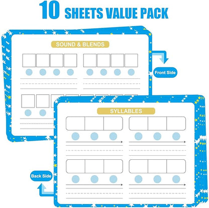 Sounds & Blends Dry Erase Sheets for Phonics Learning, Syllable & Letter Practice for Homeschool and Classroom Use, Ideal for Teachers and Students, Pack of 10, 9”x12”