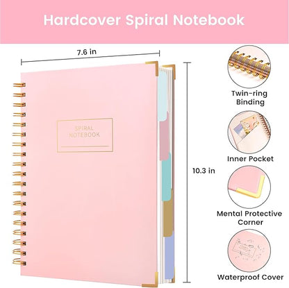 Yoment Hardcover Spiral Notebooks for Work School Note Taking, 8"x10" Journal Notebook with Tabs Dividers, Multi 5 Subject Notebook College Ruled, 240 Pages Lined Journal for Women, Pink