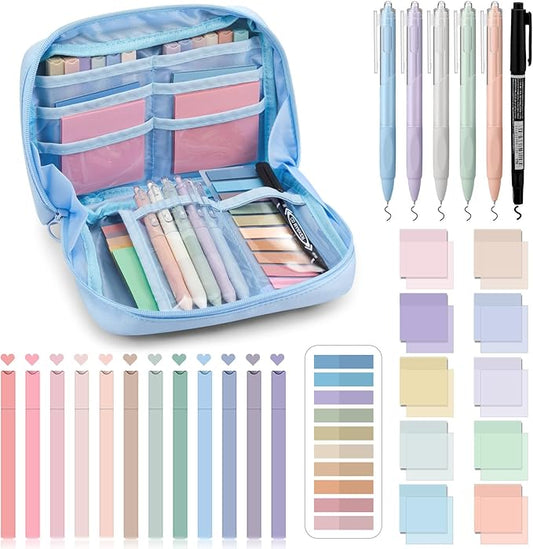Jutom 39 Pcs Aesthetic Book Annotation Kit Pencil Case Bag with Highlighter Gel Pen 700 Sheets Transparent Sticky Notes Pads Index Tab Bible Study Supplies for School(Blue,Kawaii Style)