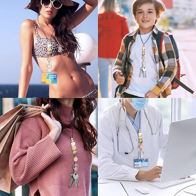 Retractable Lanyards for ID Badges and Keys, Cute Breakaway Teacher Lanyard with Badge Holders and Reels, Silicone Beaded Lanyard for Women, Nurses, Office with 2 Waterproof Card Holders