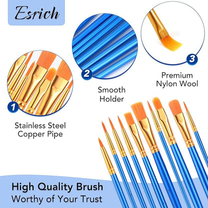 ESRICH Acrylic Paint Brushes Set, 10 Packs/ 100 Pcs Watercolor Brushes,Nylon Brush Head, for Oil Painting, Gouache, Face,Ceramics etc, Kid's and Adults Painting Arts and Crafts Paint Sets.