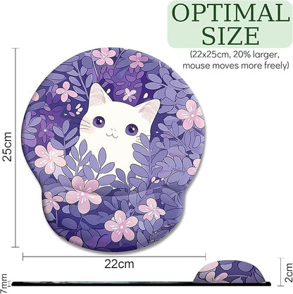Purple Mouse Pad with Wrist Rest, Cat Ergonomic Mouse Pad Wrist Support with Non-Slip Pain Relief PU Base, Funny Computer Mousepad, Cute Kawaii Purple Office Supplies Desk Accessories Decor